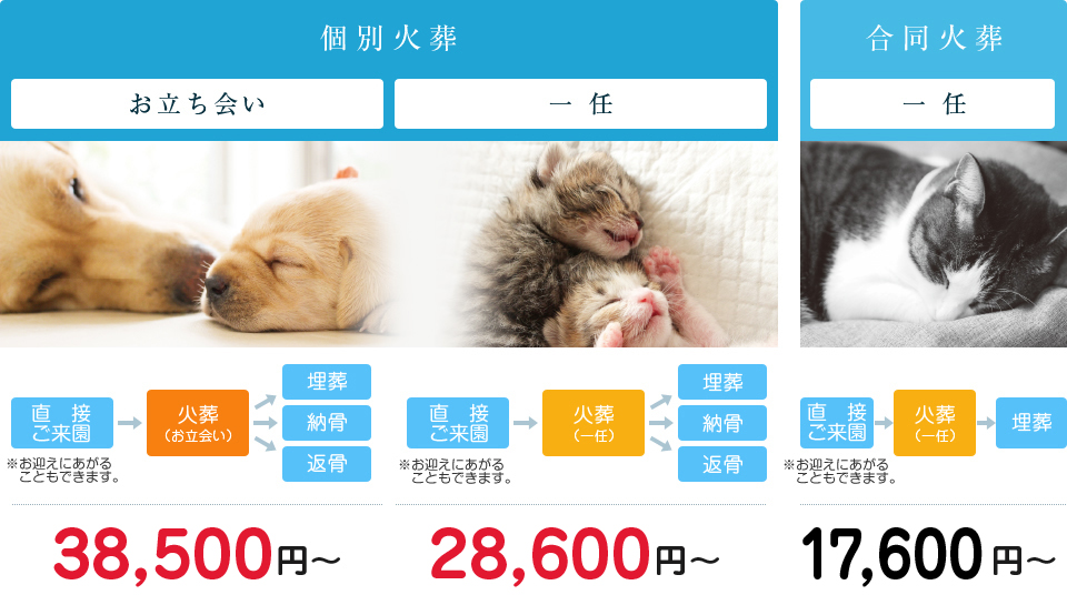 【個別葬儀】お立会い38,500円～　一任28,600円～　【合同火葬】一任17,600円～