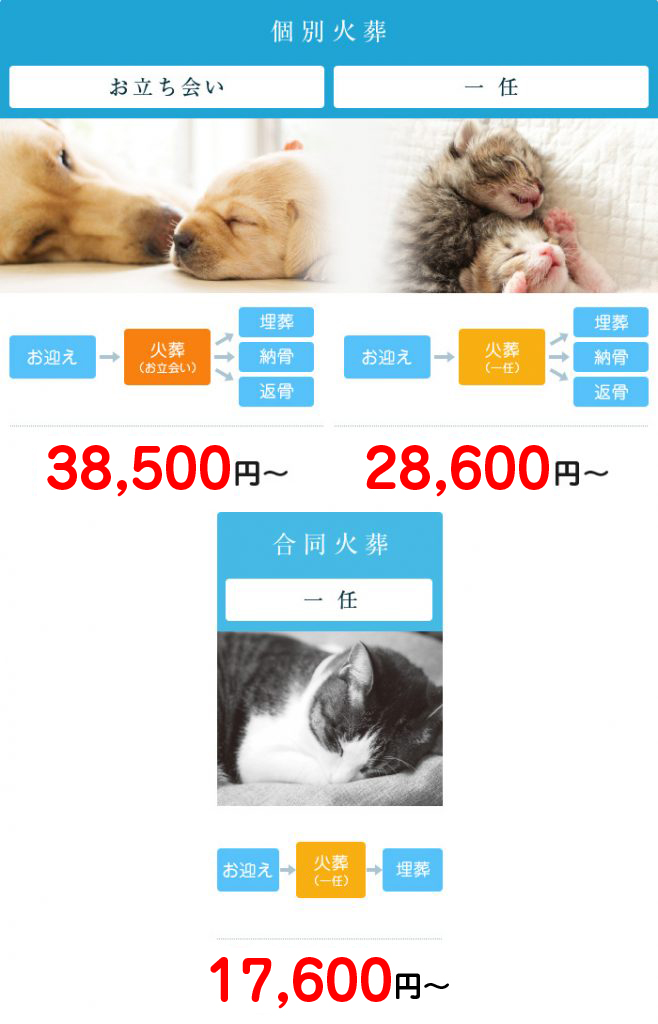 【個別葬儀】お立会い38,500円～　一任28,600円～　【合同火葬】一任17,600円～
